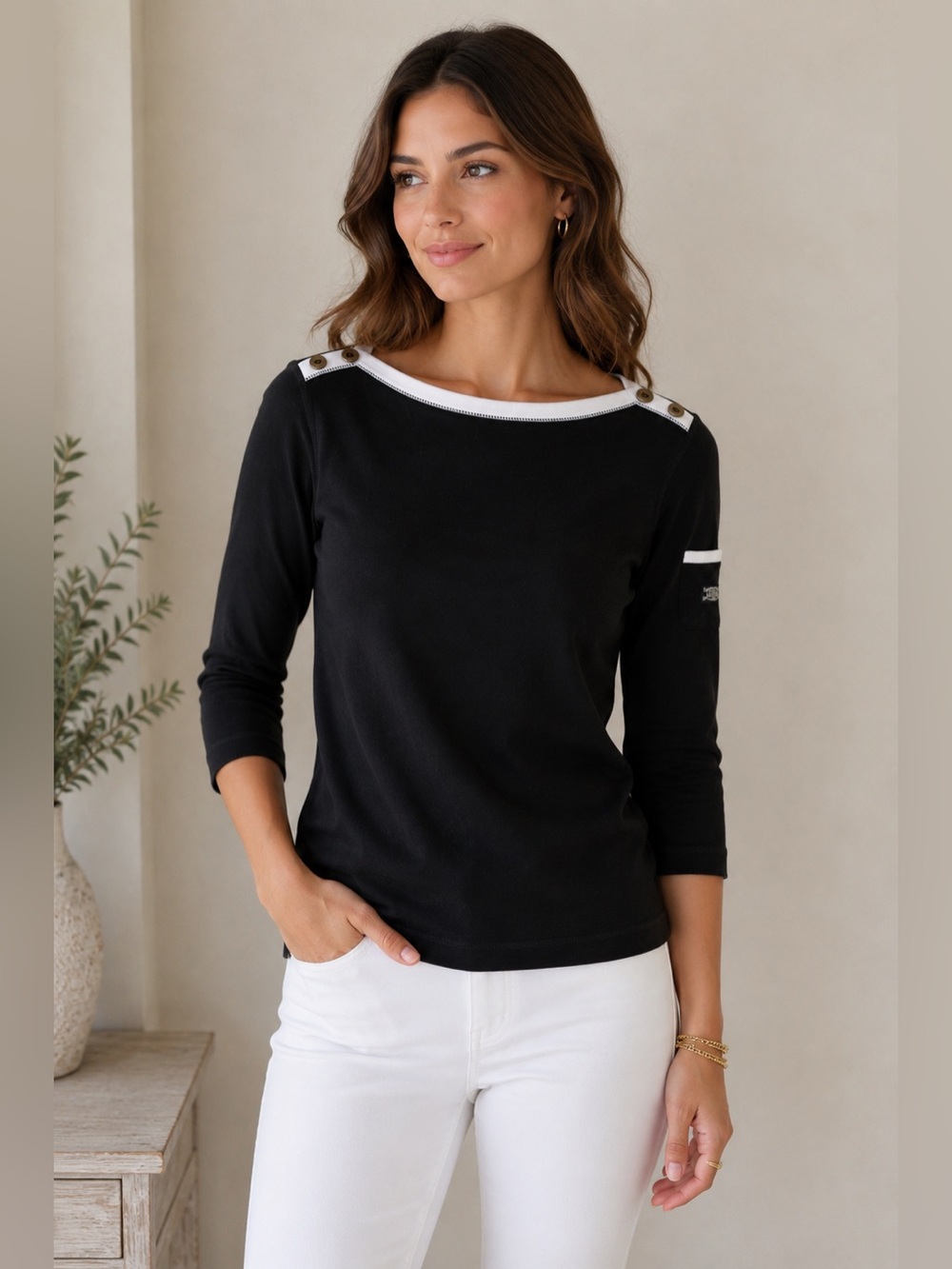 Ralph Lauren Classic Timeless 3/4 Sleeve Tee Coastal Nautical Shirt Women M